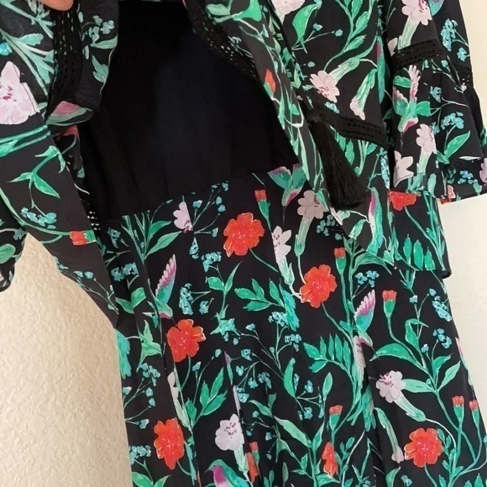 kate spade Black Floral Print Romper with Green and Red Accents
